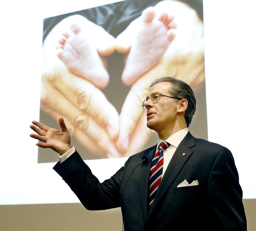Dr. Daniel Ippolito, professor from Anderson University, answers a question to an audience after finishing the lecture "Abortion and Biology: Evaluating Abortion Through Science" Friday at the Maurer Moot Court Room in the Maurer School of Law. The lecture was hosted by the Advocates for Life, only one pro-life organization on the campus to promote open discussions about an abortion issue. 