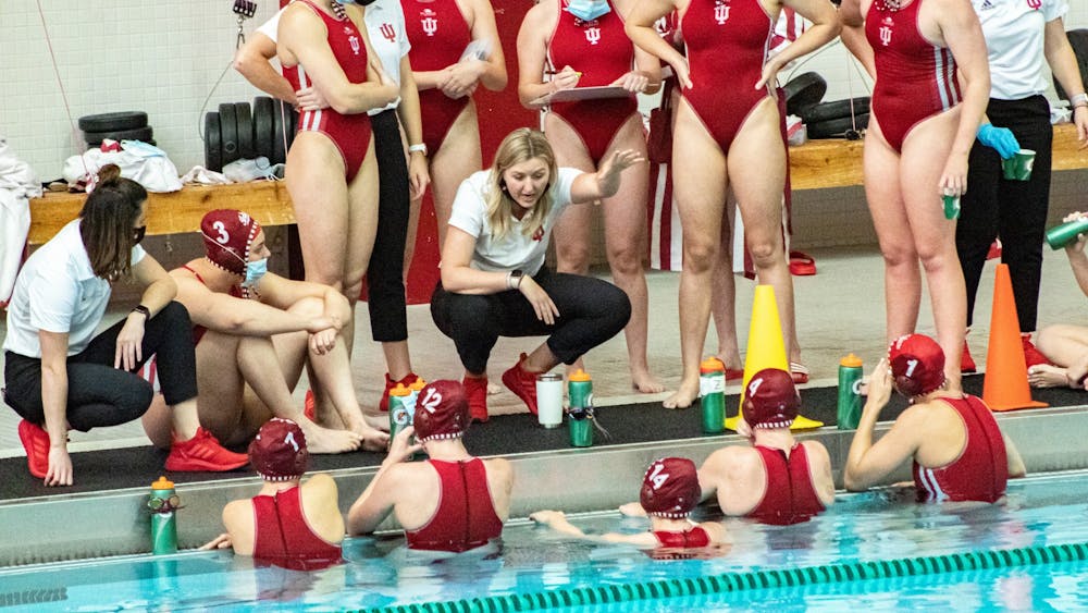 Head coach Taylor Dodson talks to the Hoosiers prior to their April 13 Water Polo match against the University of California at Los Angeles at Counsilman-Billingsley Aquatic Center. The Hoosiers will compete against San Jose State this weekend. 