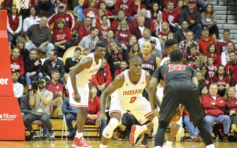 Junior Josh Newkirk defends the net against the Redhawks on Sunday evening. IU defeated SEMO 83-55.