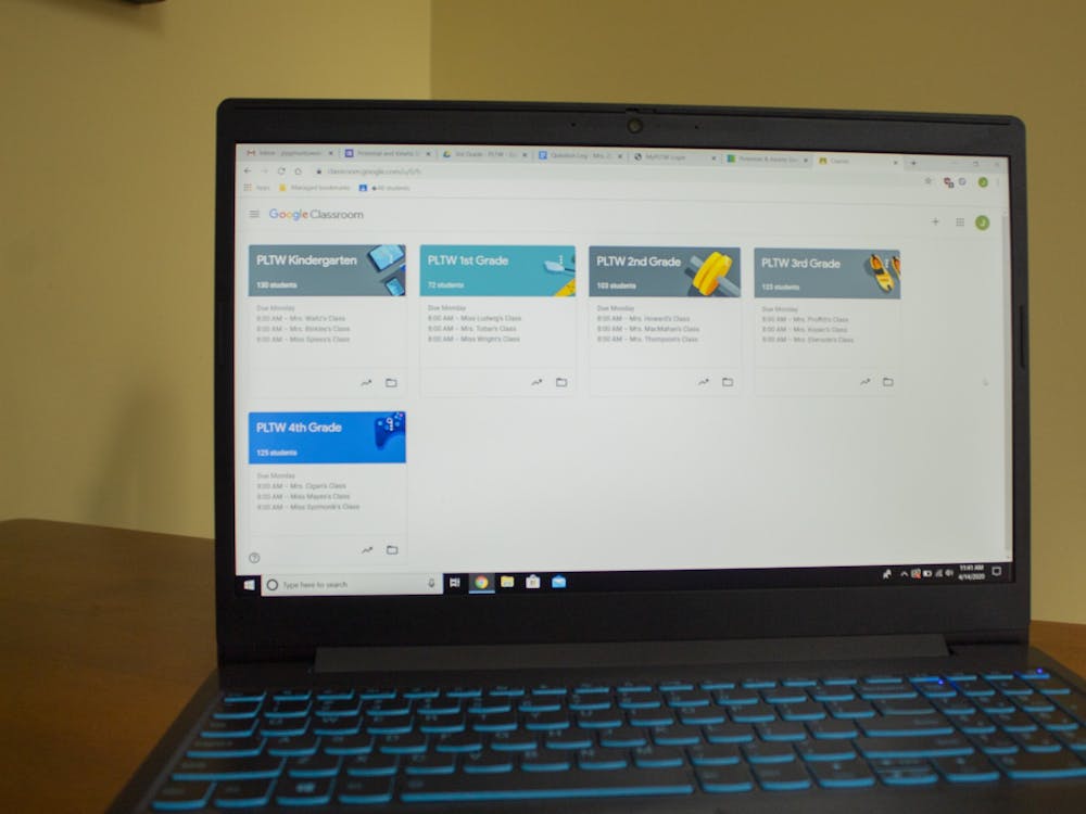 The Google Classroom page for a Project Lead the Way teacher is displayed on a laptop. K-12 schools will continue e-learning through the end of the school year due to the COVID-19 pandemic.
