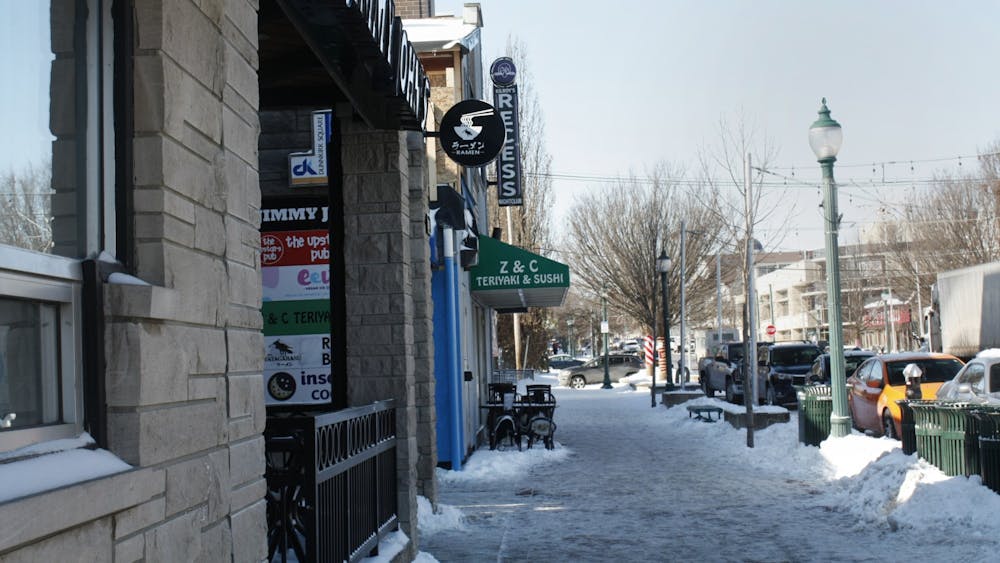 Restaurants on Kirkwood Avenue are pictured Feb. 5, 2022.  Local businesses such as Cup &amp; Kettle Tea Co. and Bloomington Bagel Company are taking measures to remain open while keeping their customers safe during the spread of the omicron variant.