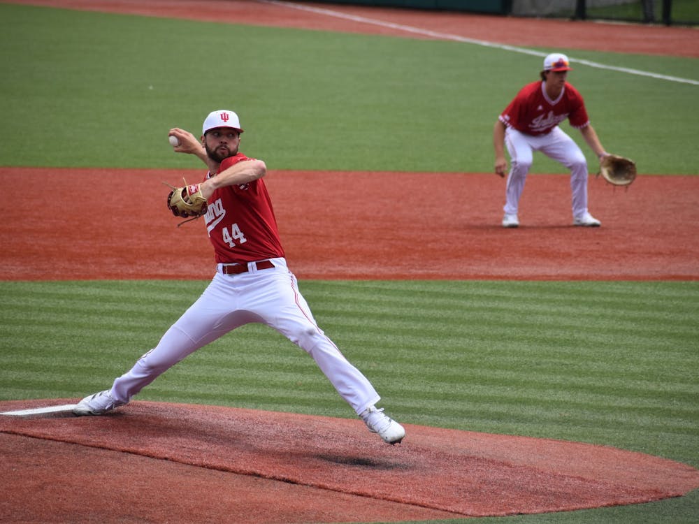 Senior pitcher Bradley Brehmer throws a pitch April 30, 2022, at Bart Kaufman Field. Brehmer pitched the first complete game by a Hoosier in the Big Ten Tournament since 2013. 