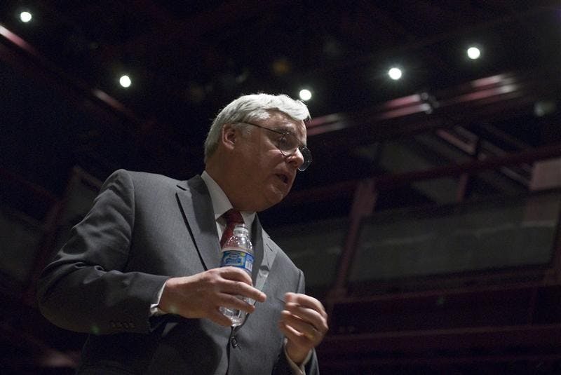 IU alumnus, and one of four candidates for the position as the new IU Dean of Students, Pete Goldsmith addresses questions from the audience April 1 in the Wells-Metz Theatre. Goldsmith currently works as the vice president for enrollment and student affairs at Kent State University.