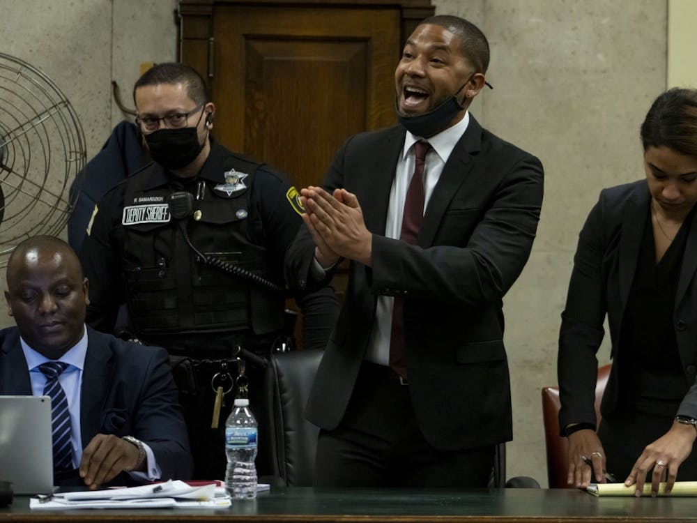 Actor Jussie Smollett is pictured speaking to Judge James Linn at the Leighton Criminal Court Building on March 10, 2022. 