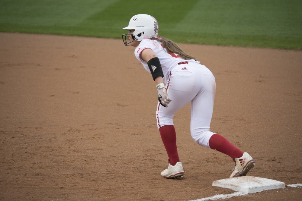 <p>Leadoff hitter Gabbi Jenkins prepares to advance to second base against Purdue on Tuesday.  Jenkins hit a liner between the third basemen and shortstop to get on base.</p>