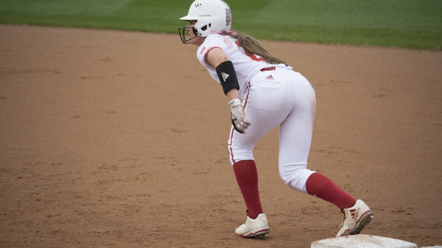 Leadoff hitter Gabbi Jenkins prepares to advance to second base against Purdue on Tuesday.  Jenkins hit a liner between the third basemen and shortstop to get on base.
