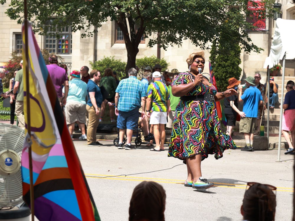Pat Yo Weave, the welcoming guest of the performance portion of the Bloomington Pridefest is seen Aug. 26, 2023, on Kirkwood Avenue. The event held many performances throughout the day including multiple drag shows. 
