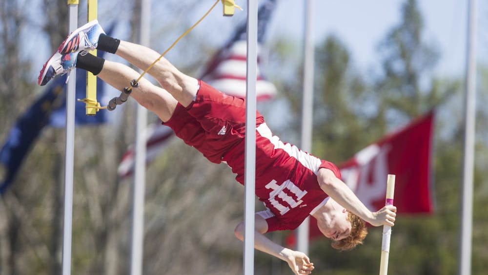 Then-junior pole vaulter Nathan Stone flies over the bar April 23, 2022, at the Robert C. Haugh Complex. Indiana placed eighth place at the Big Ten Championships on Sunday. 