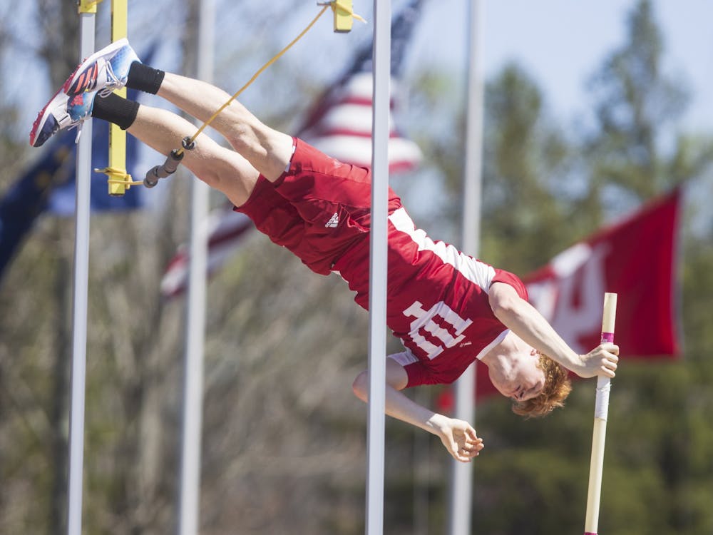 Then-junior pole vaulter Nathan Stone flies over the bar April 23, 2022, at the Robert C. Haugh Complex. Indiana placed eighth place at the Big Ten Championships on Sunday. 