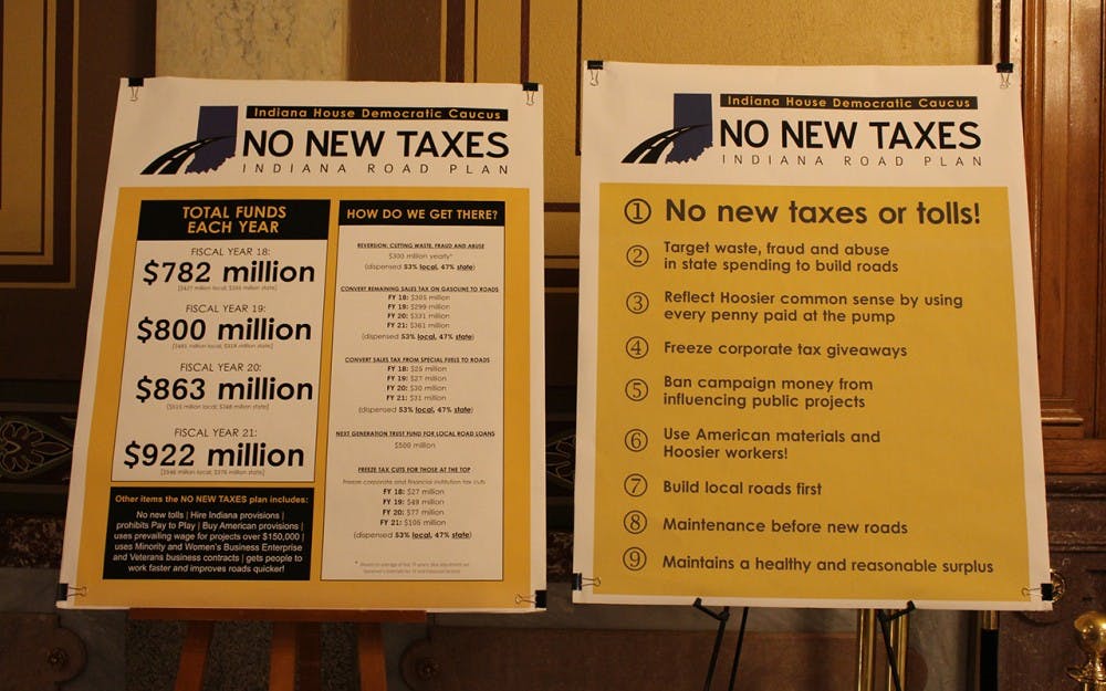 Posters in the Indiana Statehouse advocating for no new taxes for Indiana infrastructure. A bill that would raise gas and diesel taxes for infrastructure funds passed a state senate committee Tuesday.