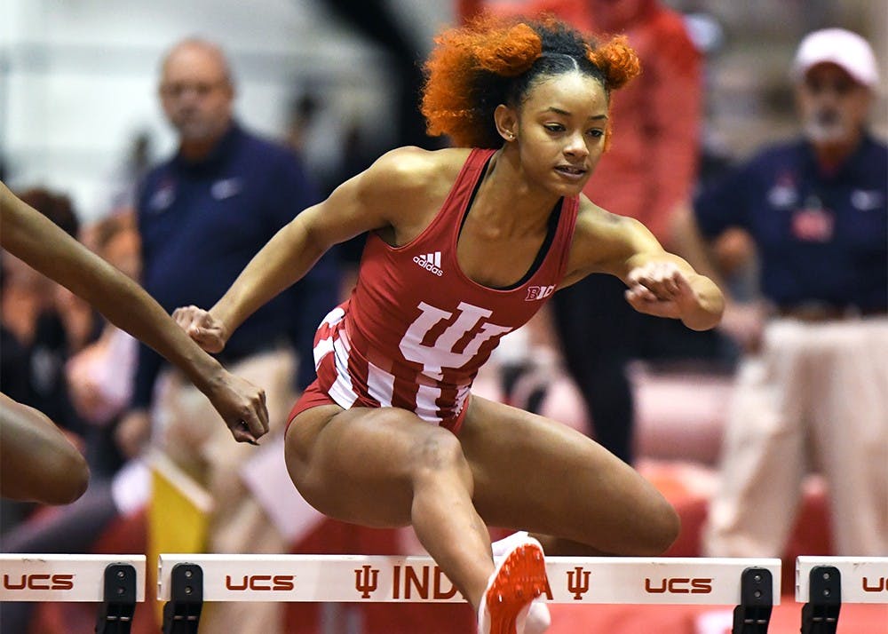 Freshman Zykeria Williams races in the 60 meter hurdles in the Hoosier Open on Dec. 8, 2017 in the Gladstein Fieldhouse. Williams was a member of the 4x200 team that finished fourth place at the Tennessee Relays.&nbsp;