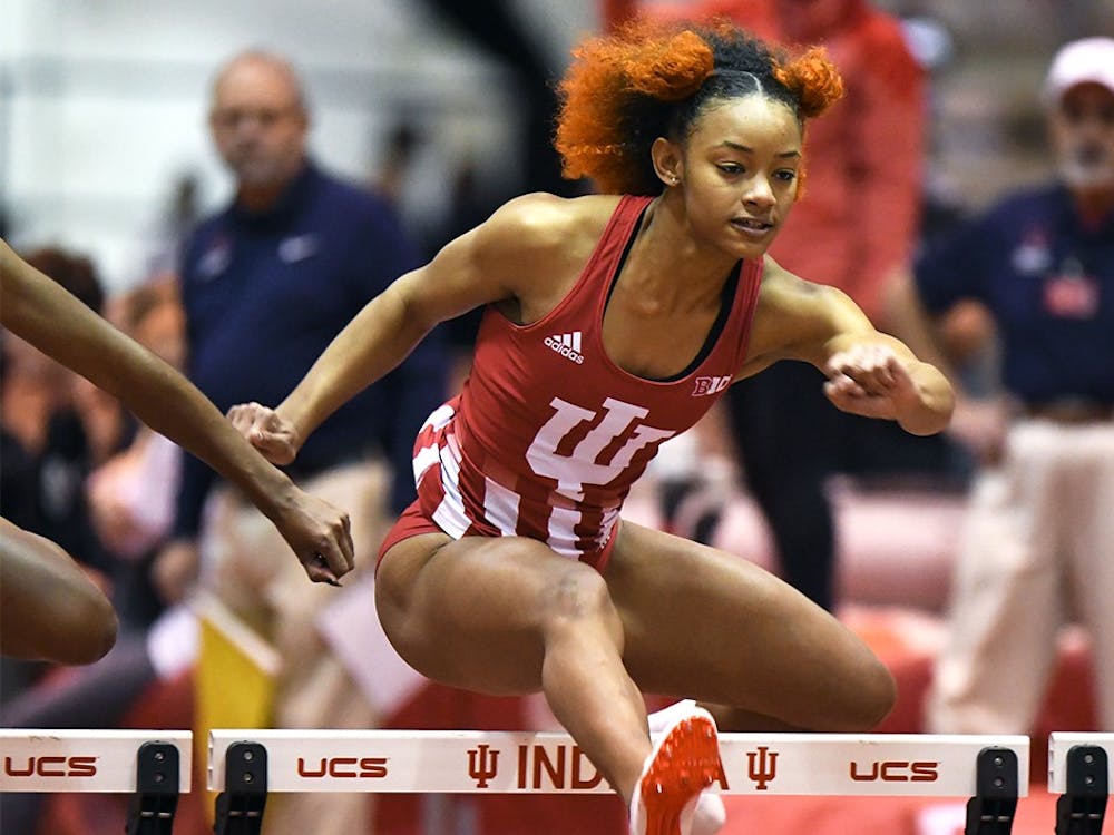 Freshman Zykeria Williams races in the 60 meter hurdles in the Hoosier Open on Dec. 8, 2017 in the Gladstein Fieldhouse. Williams was a member of the 4x200 team that finished fourth place at the Tennessee Relays.&nbsp;