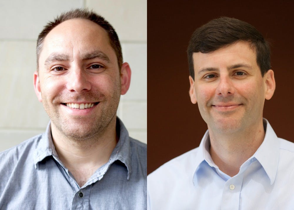 <p>Assistant professor Dan Kennedy (left) and co-author Brian D'Onofrio (right) helped lead a study at IU that found twins follow similar eye patterns when looking at their environments. The study on twins was one of the largest eye-tracking studies.</p>