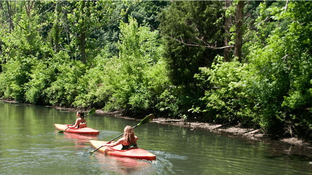 Lake-goers paddle their kayaks away from the shore at Griffy Lake on June 9.&nbsp;