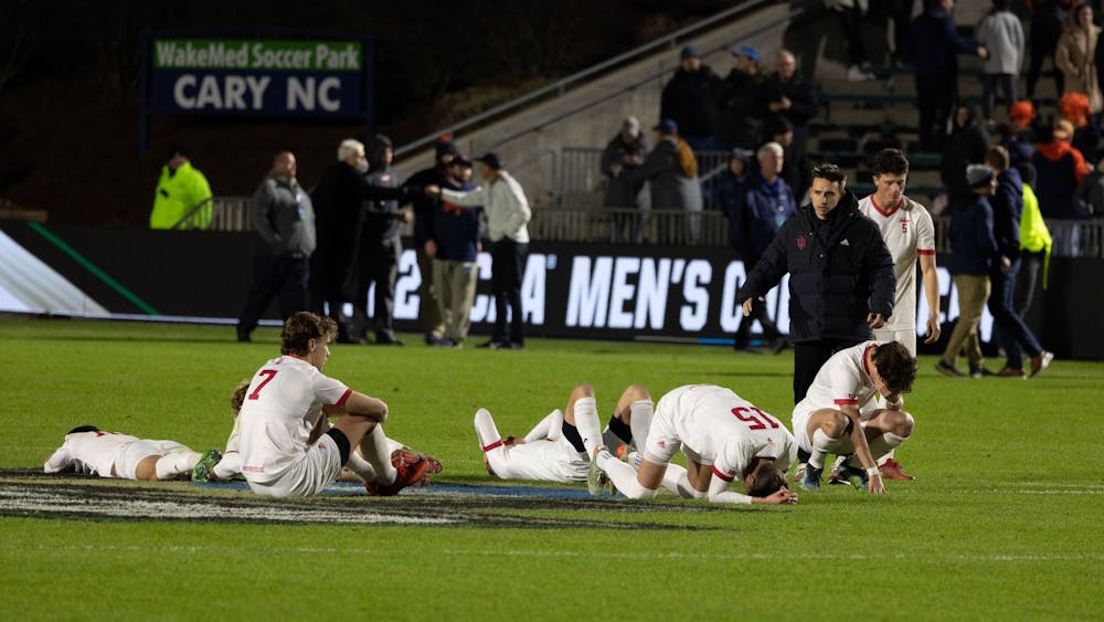 Indiana men&#x27;s soccer moments after pentaly kicks concluded against Syracuse on Dec. 12, 2022 at WakeMed Soccer Park in Cary, North Carolina. The Hoosiers lost 7-6 in penalties. 