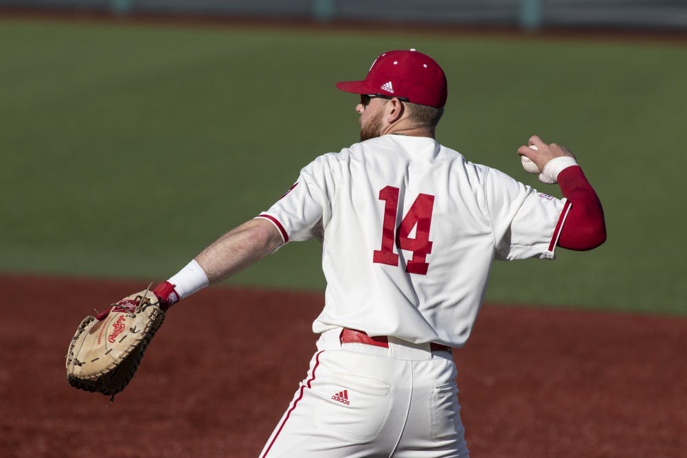 <p>Senior utility Matt Lloyd prepares to throw the ball March 27 at Bart Kaufman Field. IU won two out of three of its games against Penn State this weekend. </p>