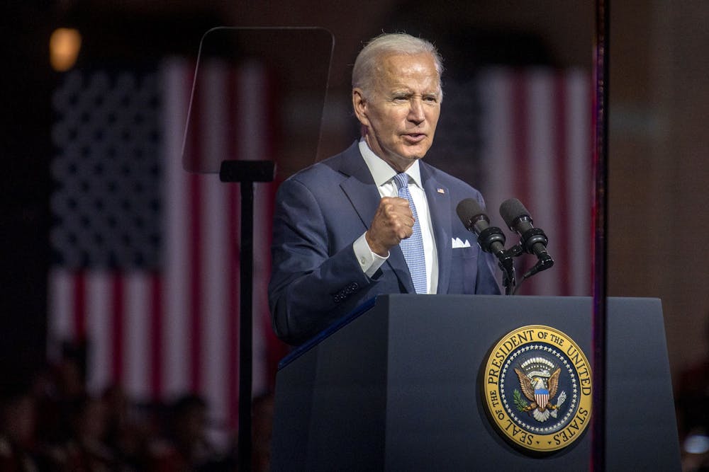 President Biden gestures with fist as he ends his speech art Independence Hall on Thursday, Sept. 1, 2022, in Philadelphia.