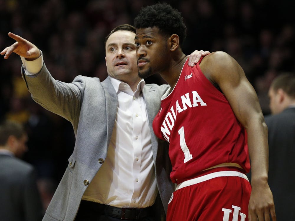 IU men&#x27;s basketball head coach Archie Miller talks to then-junior guard Al Durham during a free throw Feb. 27 at Mackey Arena in West Lafayette, Indiana. IU will play Florida State University at 7:30 p.m. Wednesday in Tallahassee, Florida, in the Big Ten/ACC Challenge.
