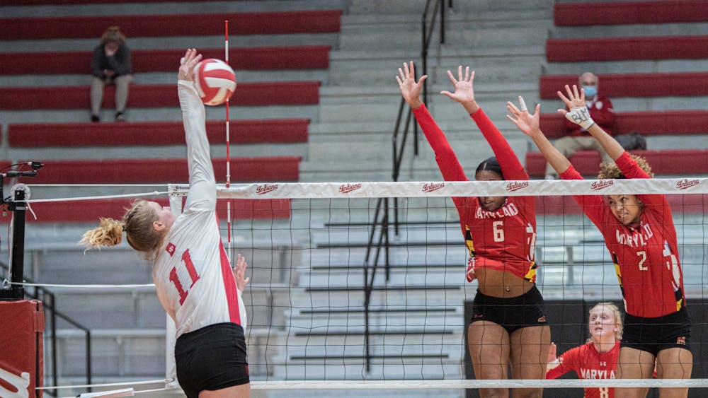 Junior outside hitter Breana Edwards spikes the ball March 6 in Wilkinson Hall. The Hoosiers will play two matches against Illinois this weekend in Champaign, Illinois. 