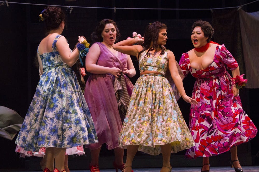 <p>While singing "America," Anita, played by Hannah Benson, and Rosalia, played by Tiffany Choe, fight over which is better: staying in America or going back to Puerto Rico. West Side Story will play at IU's Musical Arts Center this weekend.</p>