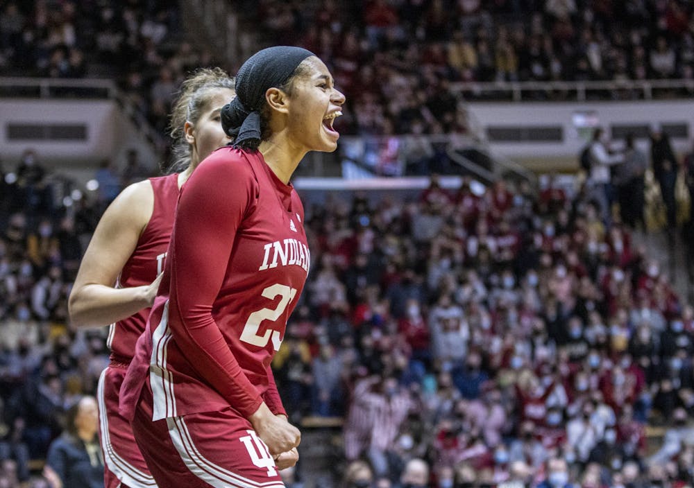 <p>Sophomore forward Kiandra Browne celebrates making a shot after being fouled during Indiana&#x27;s win against Purdue on Jan. 16, 2022, at Mackey Arena in West Lafayette, Indiana. Indiana beat Purdue 73-68 in overtime on the road.</p>