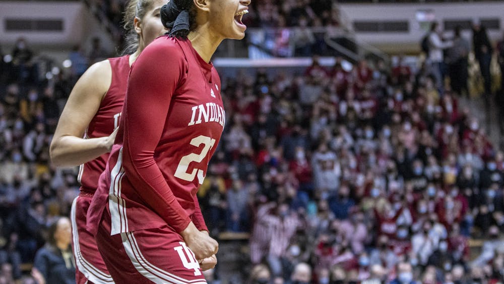 Sophomore forward Kiandra Browne celebrates making a shot after being fouled during Indiana&#x27;s win against Purdue on Jan. 16, 2022, at Mackey Arena in West Lafayette, Indiana. Indiana beat Purdue 73-68 in overtime on the road.