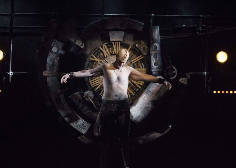 Christopher Ellis, acting as the Creature in the Cardinal Stage's production of "Frankenstein," comes to life as he is tied up to a machine. "Frankenstein" is showing from Oct. 27 to Nov. 5 in Buskirk-Chumley Theater.