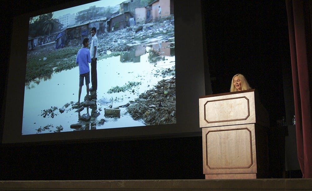 Pulitzer Prize-winner Katherine Boo speaks about her book, "Behind the Beautiful Forevers: Life, Death and Hope in a Mumbai Undercity" during her talk Thursday at Alumni Hall in the Indiana Memorial Union.