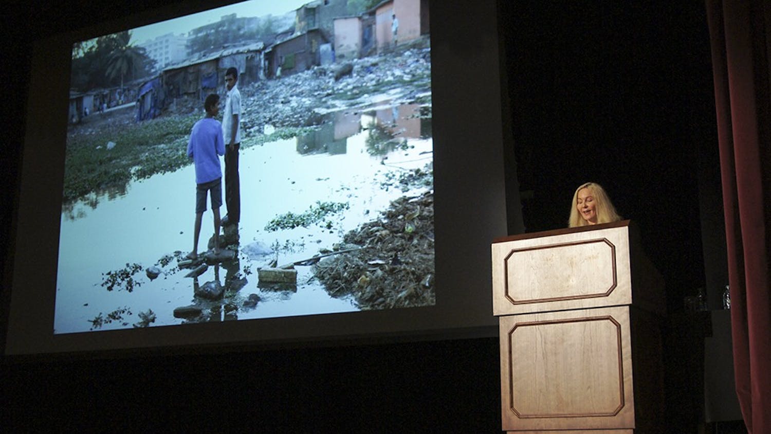 Pulitzer Prize-winner Katherine Boo speaks about her book, "Behind the Beautiful Forevers: Life, Death and Hope in a Mumbai Undercity" during her talk Thursday at Alumni Hall in the Indiana Memorial Union.