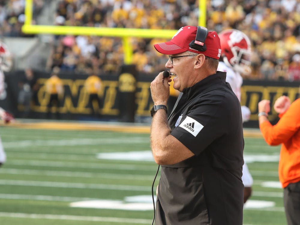 Head coach Tom Allen calls a play Sep. 4, 2021, in Kinnick Stadium in Iowa City. Indiana&#x27;s next game ﻿will be Oct. 22 against Rutgers.