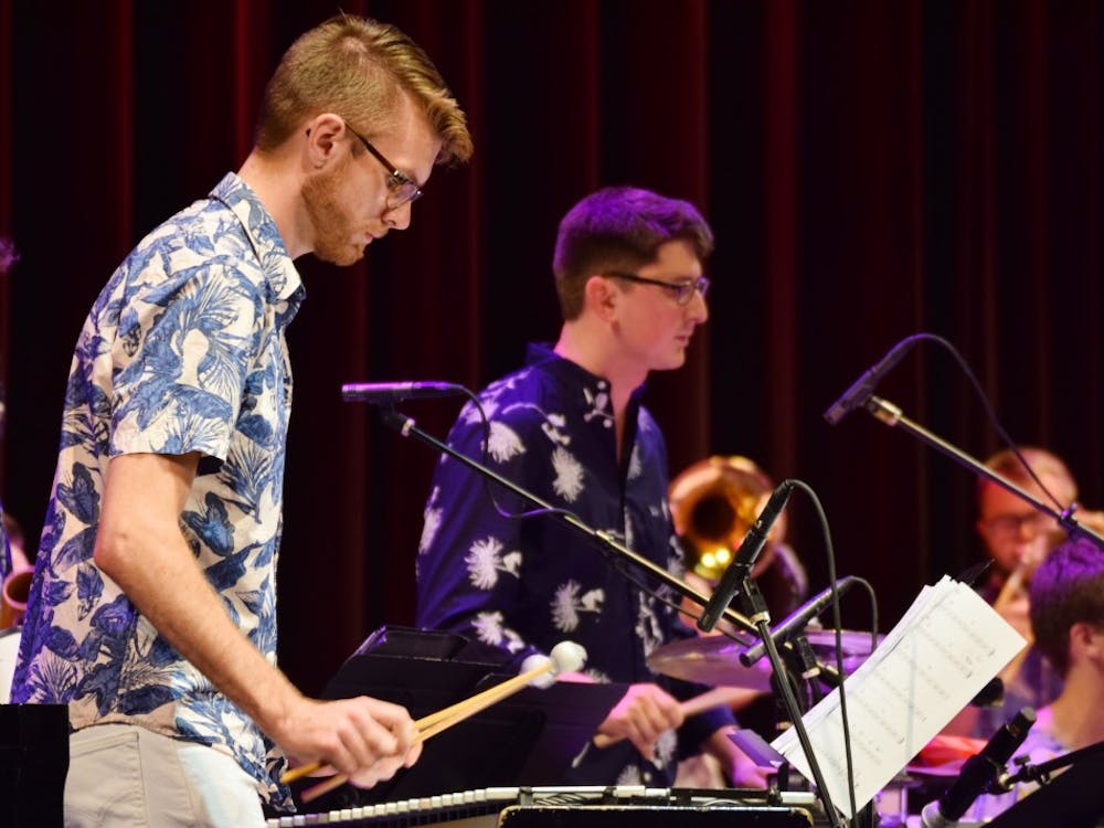 The Latin Jazz Ensemble's rhythm section keeps the group in time during their performance. The 10 members of the ensemble performed at the Buskirk-Chumley Theater Oct. 9 along with Soneros la Caliza.