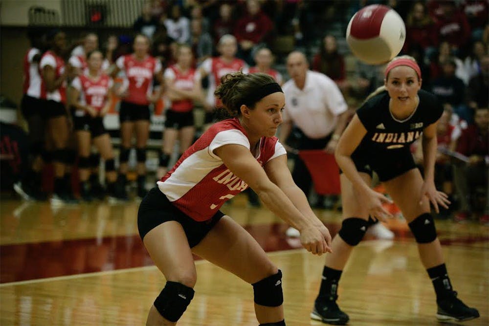 Senior defensive specialist Kyndall Merritt hits the ball during the game last Friday against Maryland. The Hoosiers played two games this weekend, defeating both Maryland and Rutgers 3-1. 