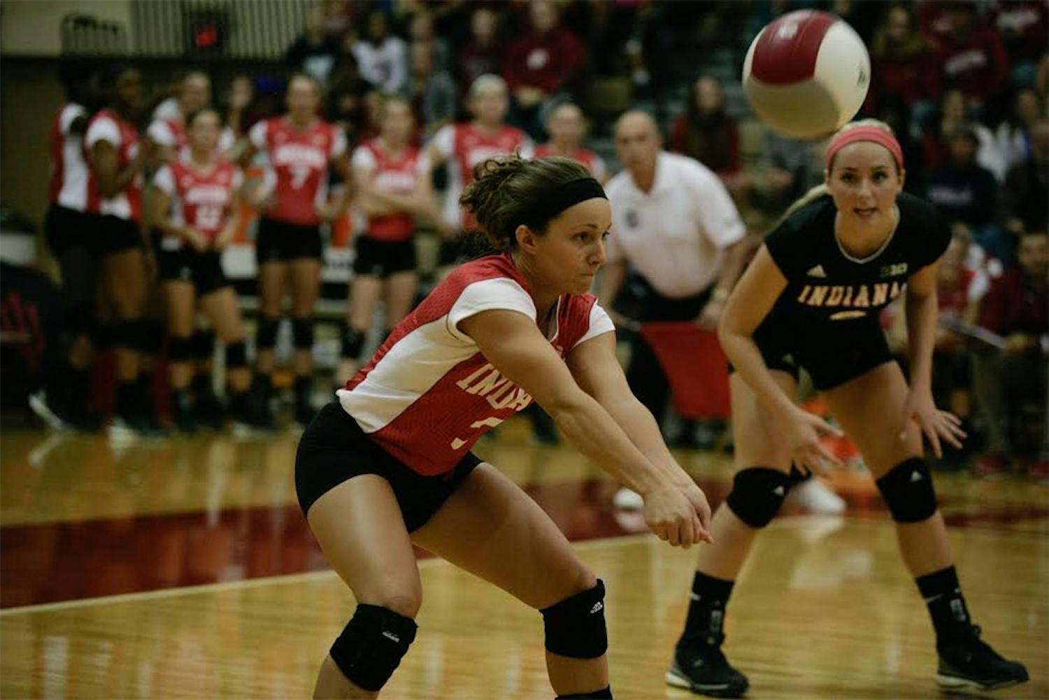 Senior defensive specialist Kyndall Merritt hits the ball during the game last Friday against Maryland. The Hoosiers played two games this weekend, defeating both Maryland and Rutgers 3-1. 