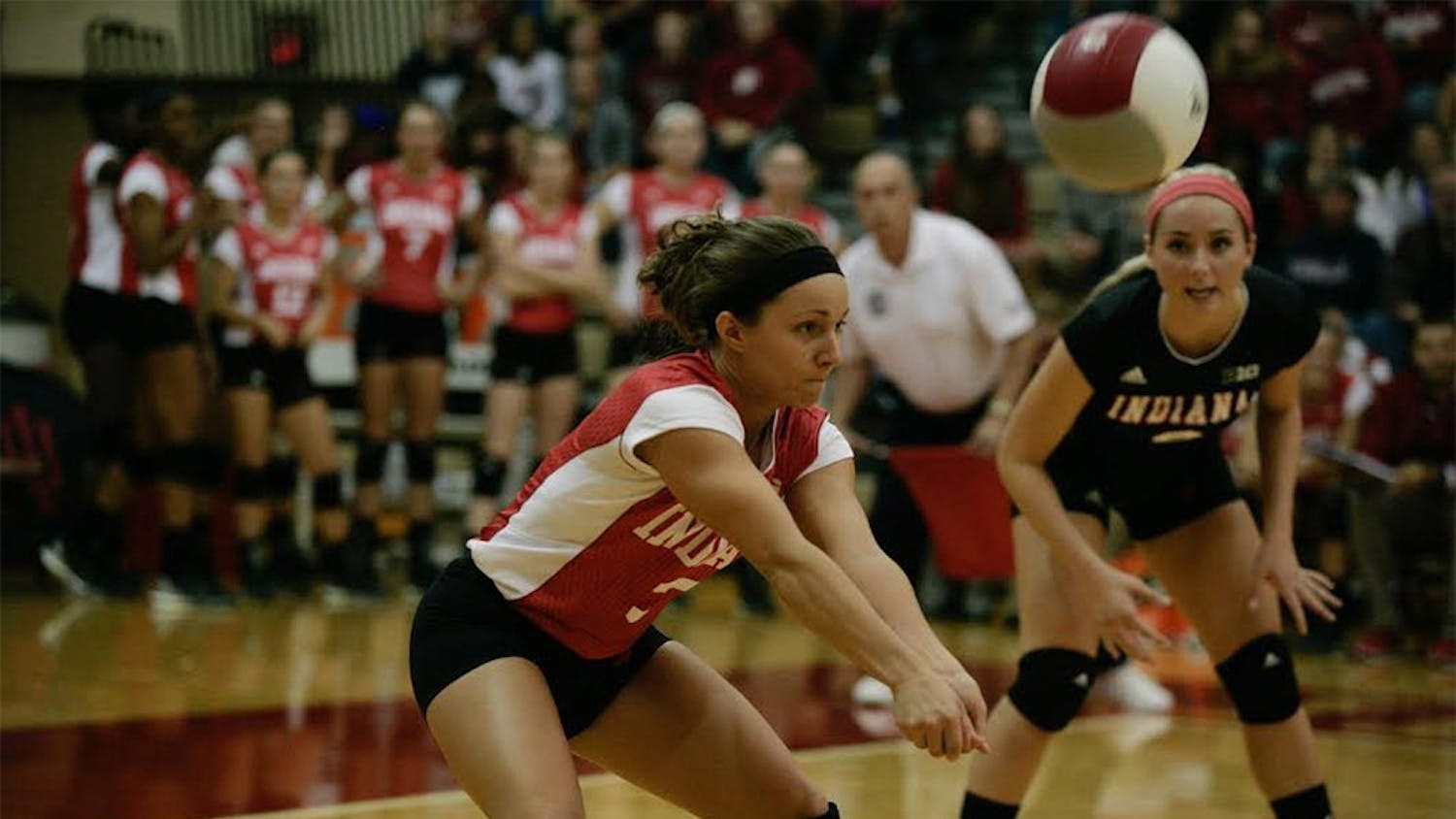 Senior defensive specialist Kyndall Merritt hits the ball during the game last Friday against Maryland. The Hoosiers played two games this weekend, defeating both Maryland and Rutgers 3-1. 