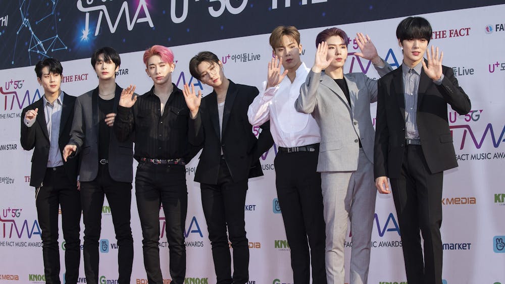 South Korean K-Pop boys group Monsta X attends a photo call for the Fact Music Awards on April 24, 2019, at Incheon Namdong Gym in Incheon, South Korea.