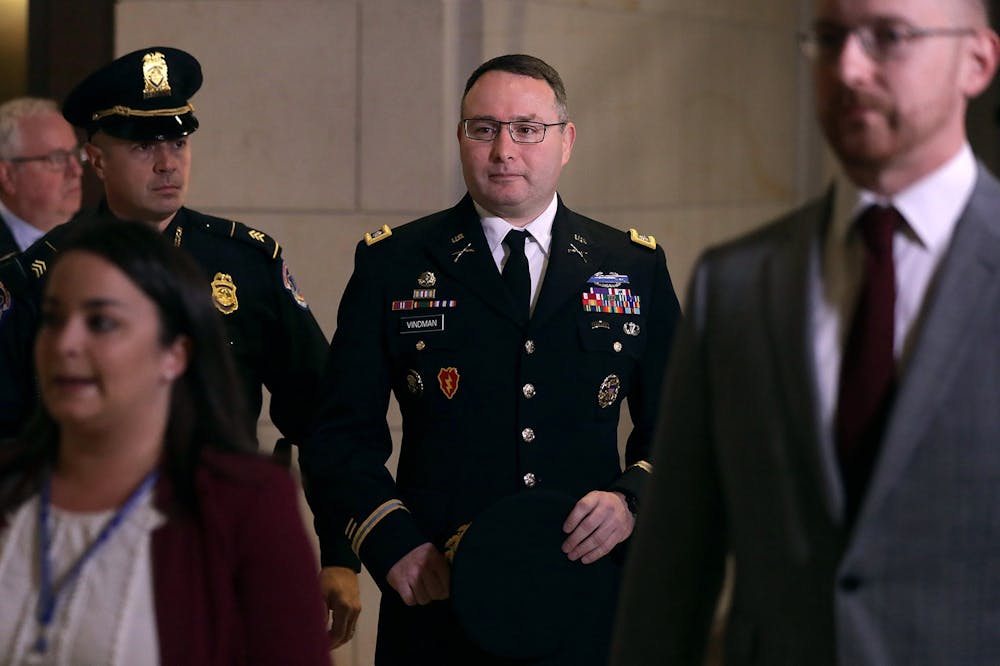 Army Lt. Colonel Alexander Vindman, director for European Affairs at the National Security Council, arrives at a closed session before the House Intelligence, Foreign Affairs and Oversight committees on Oct. 29 at the U.S. Capitol in Washington, D.C.