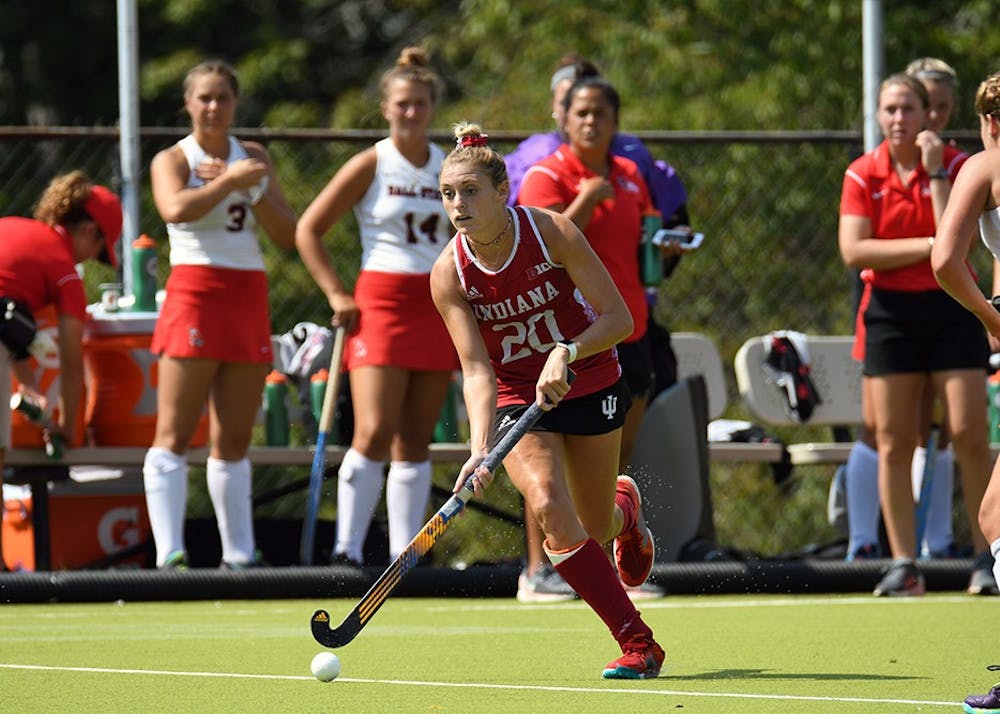 <p>Senior forward Maddie Latino drives toward the Ball State goal on Sept. 17. at the IU Field Hockey Complex. Latino scored during both of IU's weekend losses to No. 24 Iowa and Saint Louis.</p>