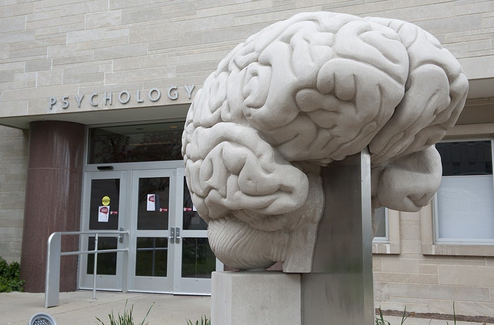 Rob Shakespeare, the designer of the Light Totem outside of the IU Art Museum, designed a new interactive light display on the limestone brain outside of the Psychology building. The design will be revealed Thursday night.