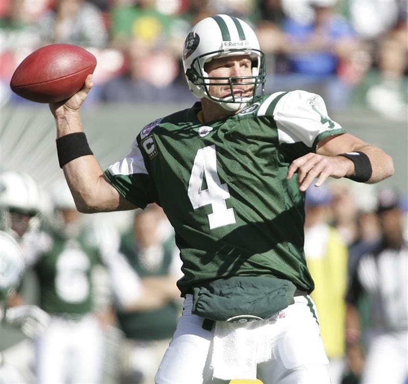 This Oct. 26, 2008 file photo shows New York Jets quarterback Brett Favre throwing against the Kansas City Chiefs during the first quarter of an NFL football game in East Rutherford, N.J.   Favre's agent says the New York Jets quarterback will retire. The 39-year-old Favre instructed agent James "Bus" Cook to tell the team Wednesday that he won't return for a 19th NFL season _ and second with the Jets. 