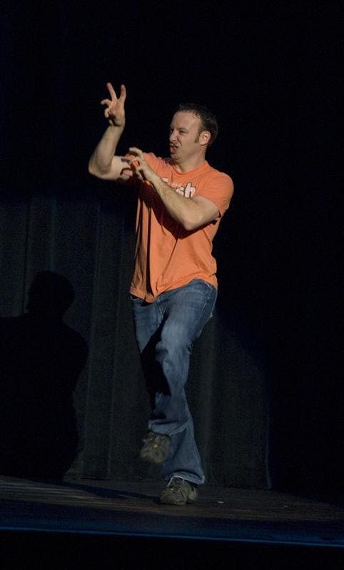 Judson Laipply dances to  Michael Jackson's, “Thriller” Monday evening in the IU Auditorium. Laipply created the Evolution of Dance to make sure his message stuck in the minds of his audience.