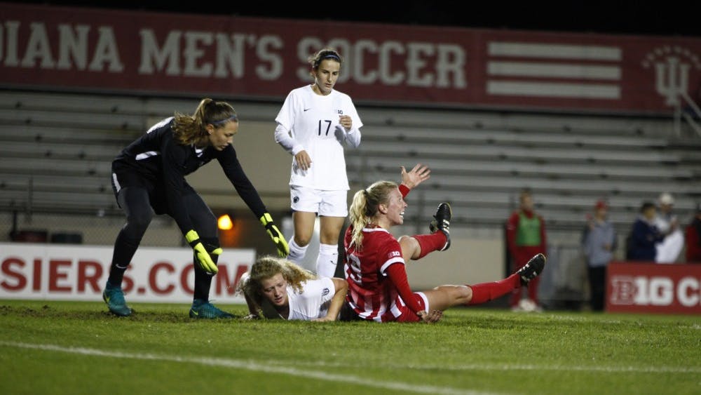 Junior Chandra Davidson argues to a referee for not calling a foul on the previous play Oct. 18 at Bill Armstrong Stadium. The women's soccer team did not make it into the Big Ten Tournament.&nbsp;
