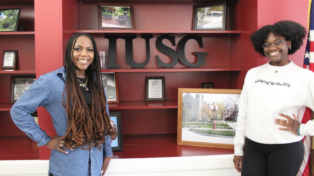 IU Student Government Vice President Marsha Koda stands to the left of the bookshelf while IU Student Government President Aaliyah Raji stands to the right on April 24, 2023, located inside the IUSG office.IU Student Body President Aaliyah Raji and Student Body Vice President Marsha Koda from the IGNITE campaign are the first Black women to serve in either of these positions for IU Student Government. 