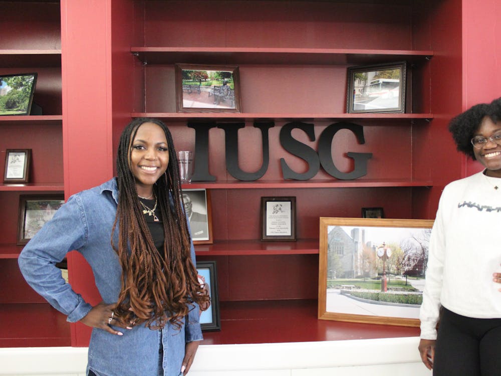IU Student Government Vice President Marsha Koda stands to the left of the bookshelf while IU Student Government President Aaliyah Raji stands to the right on April 24, 2023, located inside the IUSG office.IU Student Body President Aaliyah Raji and Student Body Vice President Marsha Koda from the IGNITE campaign are the first Black women to serve in either of these positions for IU Student Government. 