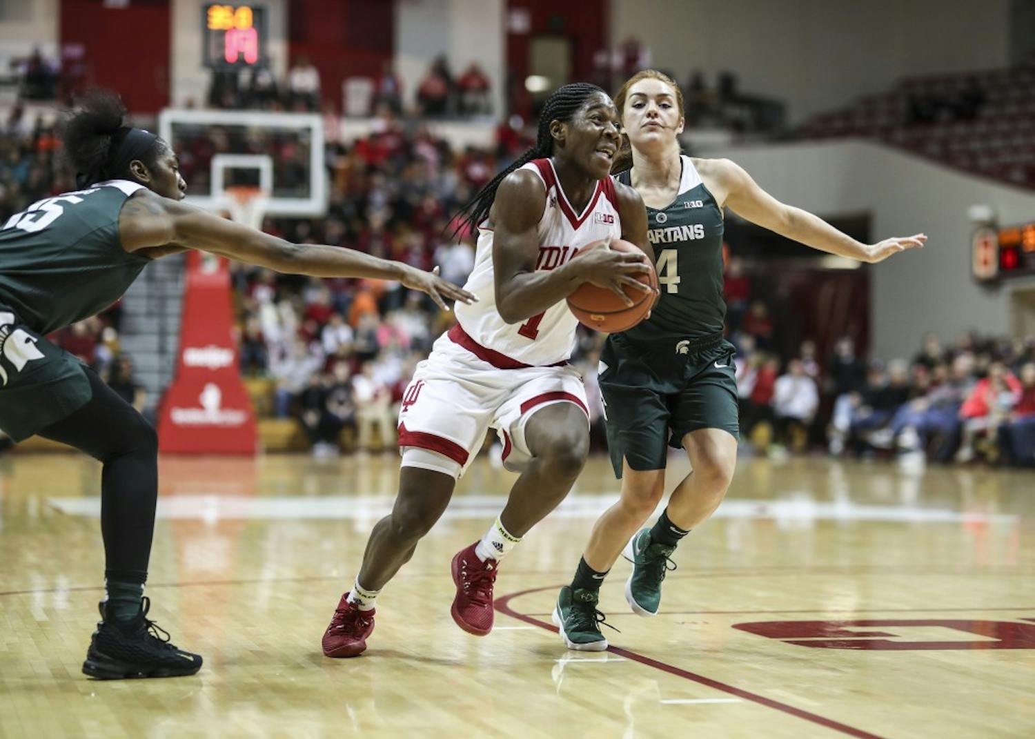 Then-freshman guard Bendu Yeaney charges the basket during the IU's game against Michigan State on Dec. 28, 2017, at Simon Skjodt Assembly Hall. Since losing 68-46 in this game, the Hoosiers have won two straight against the Spartans.&nbsp;