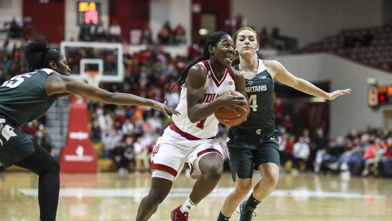 Then-freshman guard Bendu Yeaney charges the basket during the IU's game against Michigan State on Dec. 28, 2017, at Simon Skjodt Assembly Hall. Since losing 68-46 in this game, the Hoosiers have won two straight against the Spartans. 