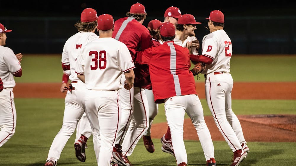 <p>The IU baseball team celebrates after their 8-0 victory against Illinois on April 10, 2021, at Bart Kaufman Field. Indiana is looking for its first series win of the season.</p>