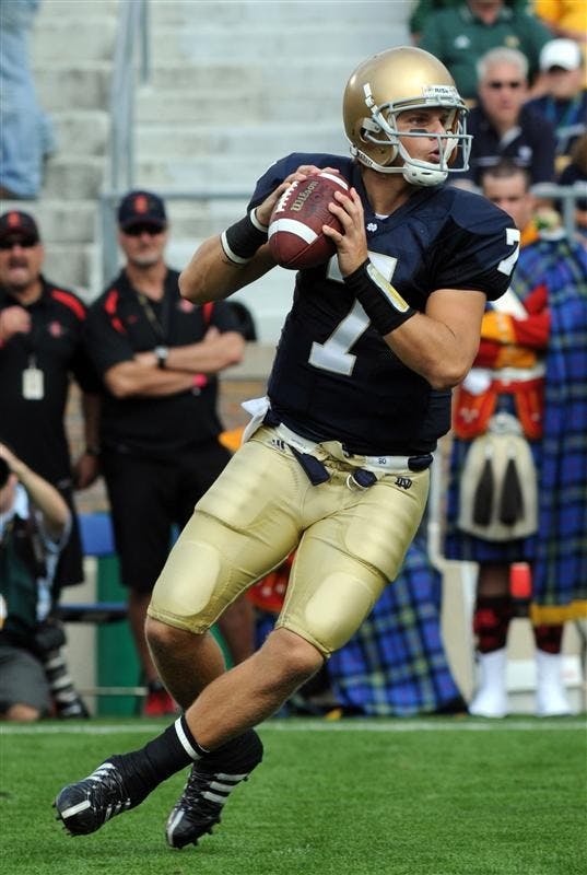 Notre Dame quarterback Jimmy Clausen drops back to throw a pass during the Irish 21-13 victory over San Diego State on Saturday in South Bend, Ind. This week, Notre Dame faces rival Michigan in South Bend.
