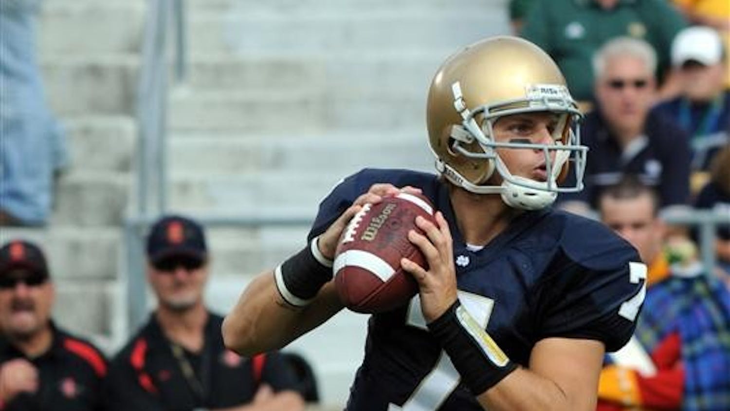 Notre Dame quarterback Jimmy Clausen drops back to throw a pass during the Irish 21-13 victory over San Diego State on Saturday in South Bend, Ind. This week, Notre Dame faces rival Michigan in South Bend.