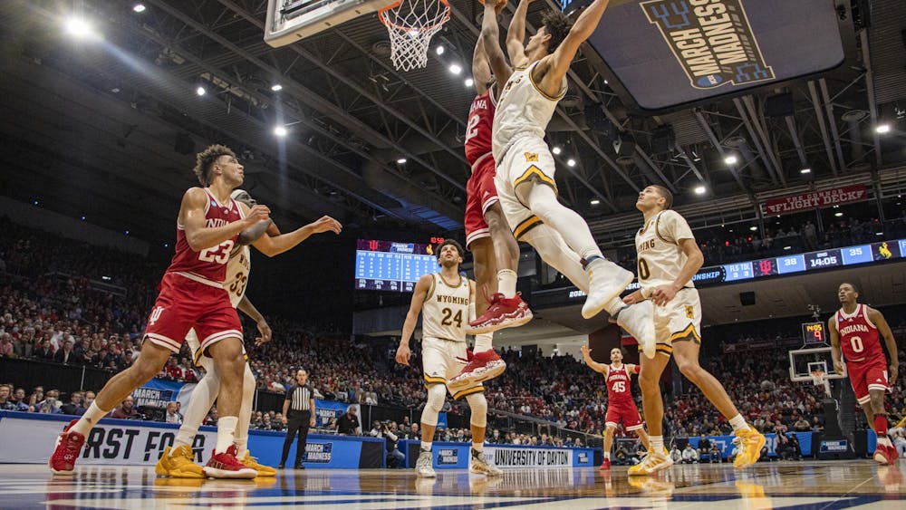 Sophomore forward Jordan Geronimo attempts a dunk against Wyoming on March 16, 2022, at University of Dayton Arena in Dayton, OH. Geronimo had a season-high 15 points in the win over Wyoming.