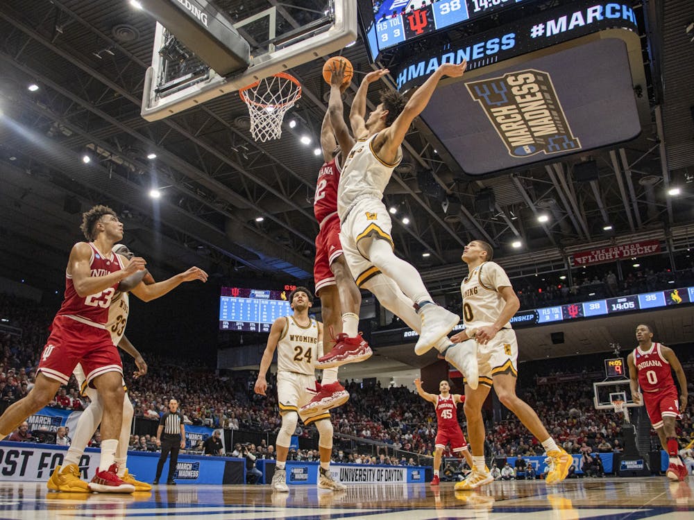 Sophomore forward Jordan Geronimo attempts a dunk against Wyoming on March 16, 2022, at University of Dayton Arena in Dayton, OH. Geronimo had a season-high 15 points in the win over Wyoming.